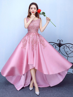 Robe de bal A-ligne en dentelle Fuchsia Rose encolure dégagée avec perles asymétrique