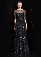 Robe de bal A-ligne en tulle noir Cou translucide avec paillettes longueur plancher