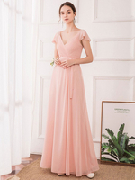 Robe de bal A Ligne ligne col en V en mousseline de soie sans manches rez-de-longueur Robe de soirée ceinture