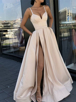 Robe de bal A line col en coeur satin tissu sans manches robes de soirée robe longue à fente