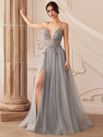 Robe de bal A-Line Col en V Tulle Sans manches Fendue devant Robes de soirée