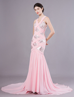 Robe de bal belle de sirène rose en chiffon à paillettes et col V Milanoo