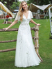 Robe de bal blanche A-ligne col en V manches courtes dentelle tulle robes de soirée au sol
