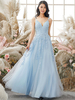 Robe de bal bleu bébé dentelle col en V A-ligne sans manches dos nu Criss-Cross longueur cheville Robes de soirée