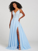 Robe de bal Bleu clair Polyester Col en V Robe de bal Sans manches Dos nu Appliqués Robes de soirée