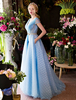 Robe de bal bleu claire en tulle col V laçage sur dos avec ceinture au sol robe de soirée
