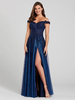 Robe de bal bleu col bateau robe de bal sans manches dos nu fendu devant longueur robes de soirée