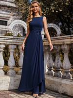 Robe de bal bleu encre a-ligne col bijou en mousseline de soie sans manches appliques longueur de plancher robes de reconstitution historique