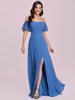 Robe de bal bleu gris en chiffon à bretelle jupe fendu au sol robe de soirée