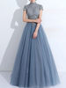 Robe de bal bleu gris robe de bal col haut tulle manches courtes perlée longueur au sol robes dinvité de mariage