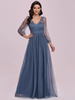 Robe de bal bleu gris tulle col en V une ligne manches longues longueur au sol robes de reconstitution historique