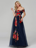 Robe de bal Bleu marine Robe de bal Épaules dégagées Tulle Manches courtes Appliqués Longueur ras du sol Robes de reconstitution historique