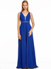 Robe de bal bleu royal une ligne col en V en mousseline de soie sans manches dos nu ceinture longueur de plancher robes de reconstitution historique
