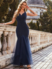Robe de bal bleu sirène col en V polyester sans manches dos nu maxi robes de soirée robe de soirée