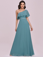 Robe de bal bleu une ligne une épaule sans manches dos nu volants robes de soirée en mousseline de soie
