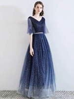 Robe de bal bleue marine foncée à col en V A-ligne mi-longue et longue au sol Sash Tull Robe de soirée