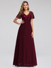 Robe de bal bordeaux A-ligne col en V manches courtes en mousseline de soie dentelle longueur au sol robes de soirée