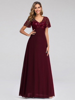Robe de bal bordeaux A-ligne col en V manches courtes en mousseline de soie dentelle longueur au sol robes de soirée