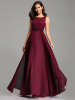 Robe de bal bordeaux col bijou A-ligne sans manches en mousseline de soie dentelle longueur plancher robes dinvité de mariage