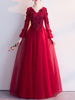 Robe de bal bordeaux col en V A-ligne manches longues perles à lacets dentelle tulle robes dinvité de mariage