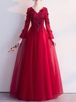 Robe de bal bordeaux col en V A-ligne manches longues perles à lacets dentelle tulle robes dinvité de mariage