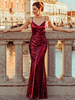 Robe de bal bordeaux col en V dos nu sirène sans manches moulante pailletée longueur plancher robes