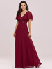 Robe de bal bordeaux col V dos nu en mousseline de soie manches courtes longueur au sol