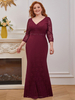 Robe de bal bordeaux dentelle col en V gaine manches 3/4 ceinture maxi robes de soirée
