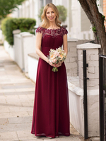 Robe de bal bordeaux en chiffon col rond en dentelle au sol Robe de cérémonie Robe de soirée