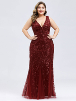 Robe de bal bordeaux en dentelle paillete col V jupe plissée au sol robe de soirée