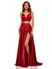 Robe de bal Bordeaux Satin Tissu V-Neck A-Line Sans manches Split Front Robes de soirée longues