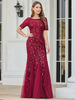 Robe de bal bordeaux sirène col bijou manches courtes en dentelle longueur au sol robes dinvité de mariage