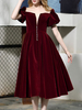 Robe de bal bordeaux velours col en V A-ligne manches courtes boutons dos nu à lacets robes dinvité de mariage
