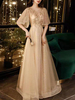 Robe de bal Champagne A-ligne V-Neck Tulle Demi-manches Perlées Maxi Robes de soirée
