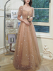 Robe de bal Champagne chérie cou robe de bal manches courtes nœuds dentelle doux tulle longues robes dinvité de mariage