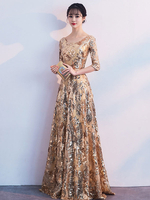 Robe de bal col de bijou une ligne manches demi longueur au sol paillettes robes de soirée