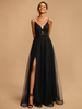 Robe de bal Col en V A-ligne Sans manches Paillettes Robes de soirée