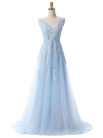 Robe de bal Col en V Une ligne sans manches Longueur au sol Dentelle Applique Robes de soirée