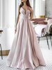 Robe de bal col V plogeant jupe plissée longueur au sol en satin Robe de soirée