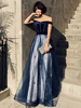 Robe de bal Constellation longue robe asymétrique Velvet Tulle Marine foncé Robe Maxi