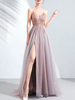 Robe de bal en dentelle col en V ligne a manches courtes robes de soirée