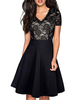 Robe de Bal en Dentelle Courte Femme à Col V avec Manches Courtes Imprimés Creusantes Florals Coupe Cintrée Bas Evasée Unicolore Robe de Patineuse