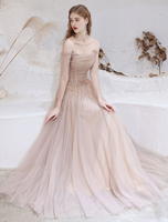 Robe de Bal en Mousselines Longue Paillette avec Plis avec Manches Longues Transparentes Coupe Cintrée avec Dos Nu à Lacets Bas Evasée Unicolore