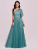 Robe de bal en polyester bleu cyan une épaule A-ligne sans manches dos nu maxi robes de soirée