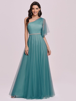 Robe de bal en polyester bleu cyan une épaule A-ligne sans manches dos nu maxi robes de soirée