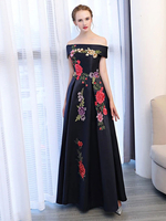 Robe de bal en satin bleu marine sur lépaule robe de bal sans manches appliques longues robes de soirée