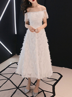 Robe de bal Eric White Lace Off The Shoulder A-Line sans manches Appliques Robes de soirée en dentelle