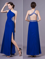Robe de bal fourreau en chiffon bleu roi à une épaule avec strass