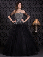 Robe de bal fourreau noir en tulle bustier avec perles longueur plancher