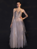 Robe de bal gris A-ligne bijou cou tulle sans manches franges robes de mariée